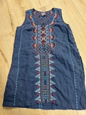 Johnny Was Navy Sleeveless Embroidered Midi Dress with Red and Turquoise Accents